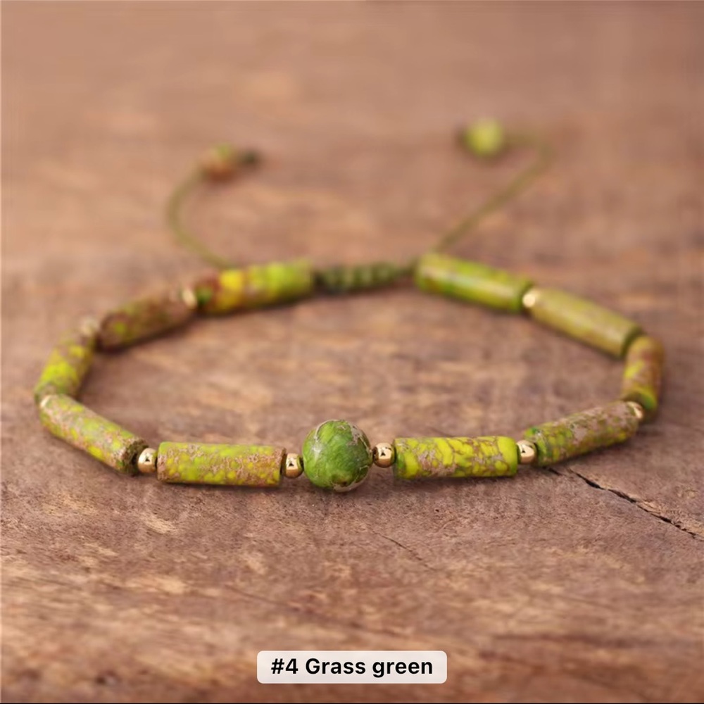 Unakite Jasper Stone & Gold Tone Beaded Bracelet w/Central Focal Bead, Adj